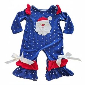 Blue Polka Dot Santa Kids One Piece Sz 3-6M